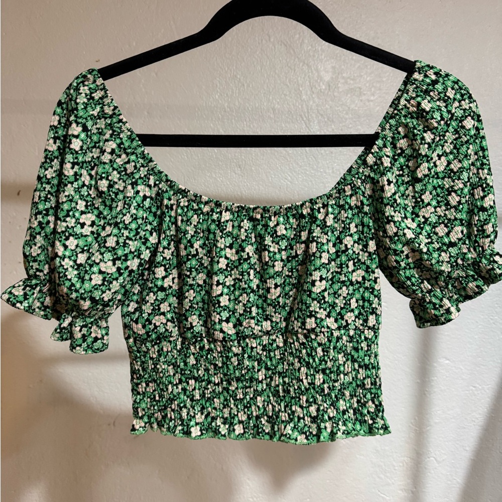 Topshop Green Floral Puff Sleeve Blouse